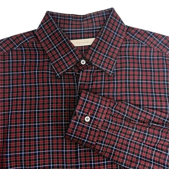 Ermenegildo Zegna Casual Button Down Shirt Red With Blue Plaid Italy Size XXL - Picture 1 of 9
